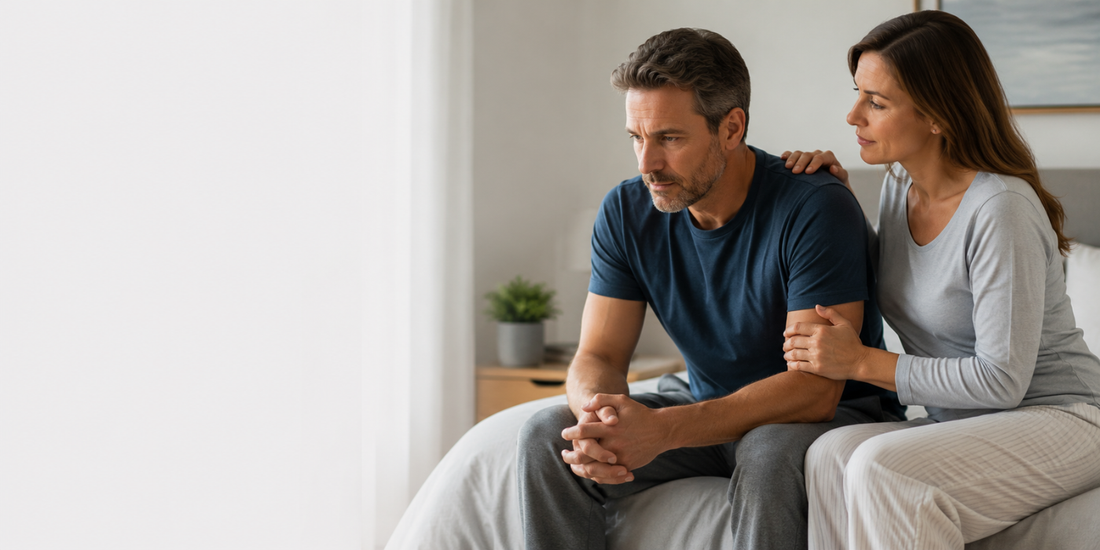 Middle-aged man sitting thoughtfully on the edge of a bed while his partner offers support, illustrating performance anxiety and erectile dysfunction after ED treatment.