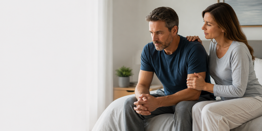 Middle-aged man sitting thoughtfully on the edge of a bed while his partner offers support, illustrating performance anxiety and erectile dysfunction after ED treatment.