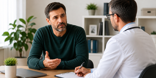 Middle-aged man discussing erectile dysfunction and possible antidepressant sexual side effects with a doctor during a medication review.