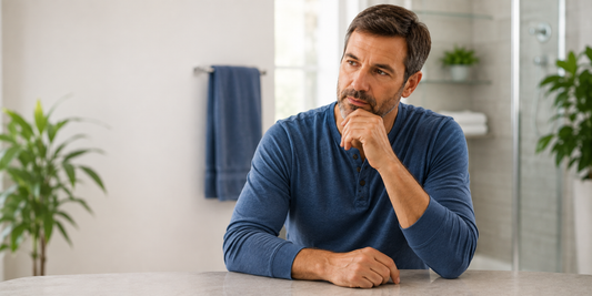 Thoughtful middle-aged man in a modern bathroom considering erectile dysfunction support and treatment options when comparing ED devices.