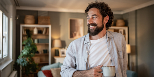 Smiling man at home holding a mug, representing confidence and wellbeing while considering the right size pump for men.